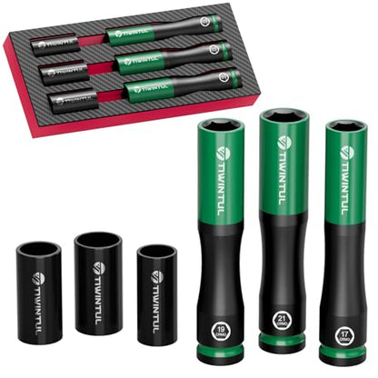 1/2" Extra Long Lug Nut Socket Set, 6Pcs Metric 17 19 21 mm | Non-Marring Wheel Protector, Impact Deep Socket Set, CR-MO Steel & 6-Point, Thin Wall 150mm, 3 Protective Covers, for Tire - size: 6 PCS(Metric)