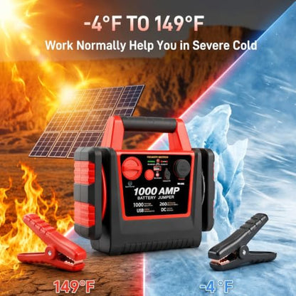 4 in 1 Battery Booster Jump Starter with Air Compressor Portable 260PSI Tire Inflator,1000 Amp Jumper starter power pack Jump Box,12V Power Station with USB Port and DC Outlet