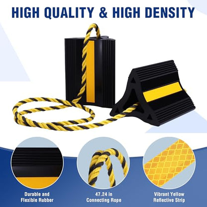 WORKPRO 4-Pack Wheel Chocks, Rubber Wheel Chocks with Rope, Heavy Duty Non-Slip Wheel Chock for RV, Trailer, Cars & SUVs, Tire Stopper Wedges with 3 Reflective Strips for Garage and Driveway