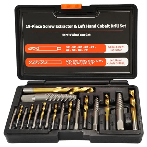 18Pcs Screw Extractor and Left Hand Drill Bit Set, Easy Out Broken Bolt Remover Reverse 6542/4341 HSS Steel Cobalt, Bolt Extractor Kit for Remove Stripped Screws, Damaged Bolts Studs - size: Upgarded Kit-18PCS