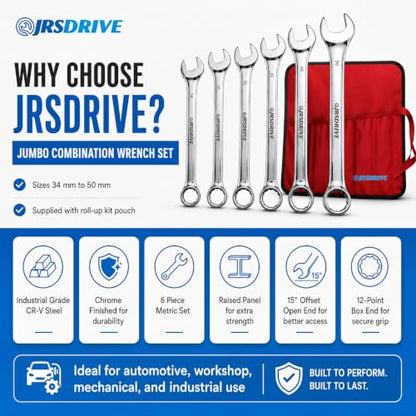 Jumbo Combination Wrench Set, 6 Piece Metric Chrome Finished Sizes 34 to 50 MM, Heavy Duty CR-V Steel Construction, Industrial Grade Spanner Kit for Automotive, Workshop & Mechanical Use