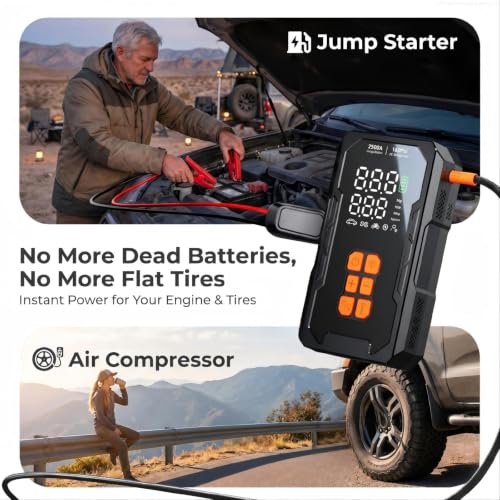 Jump Starter with Air Compressor 160PSI, 12V Car Battery Jumper Starter Portable (8.0L Gas/6.0L Diesel), Car Battery Charger Jump Box Cables with Auto-Shutoff Tire Inflator and LED Light, Black