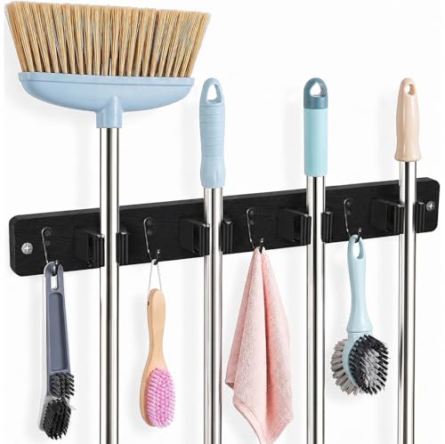 AceMining Black Broom Holder Wall Mount, 4 Holders 4 Hooks Mop Holder | Mop Holder Wall Mount and Broom Hanger for Garage, Laundry Room, Kitchen and Utility Storage - color: Black, size: 1 Pack