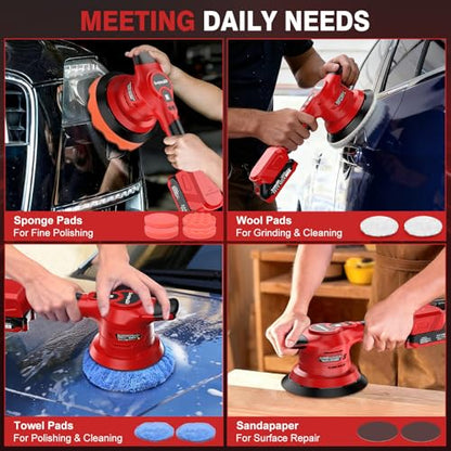 Brushless Cordless Car Buffer Polisher - SundpeyPRO 6 Inch Random Orbital Polisher with 8000RPM & 8 Variable Speed & 2 Battery & Fast Charger & 10PCs Polishing Kit for Waxing Polishing Scratch Removal