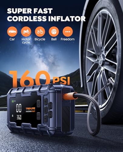 TREKURE 10-in-1 Car Battery Jump Starter Box with Jump Cables & Gloves for All Gas & 12L Diesel, 8000A Portable Battery Charger with Air Compressor, 160PSI, PD45W Charging