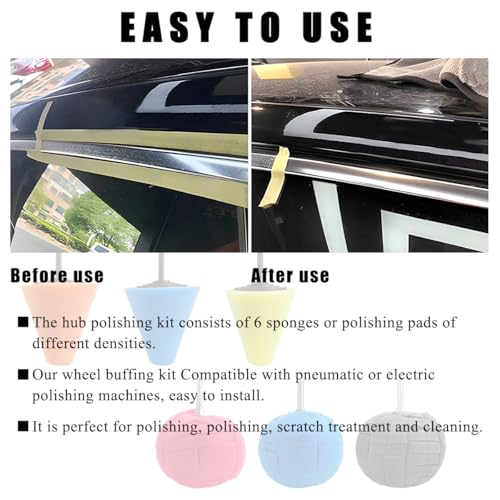 Wevdn 6 PCS Car Wheel Hub Drill Buffing Sponge Pads, Sponge Polishing Cone and Ball Pads Kit, Polishers Pads for Vehicle Wheel Hub Cleaning Care Waxing, Universal Car Accessories