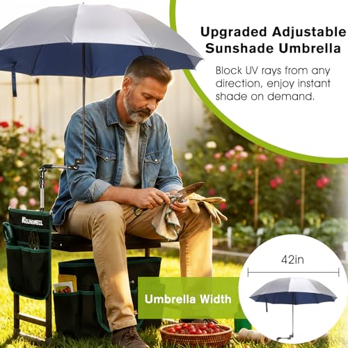 Garden Kneeler and Seat with Umbrella, 2-in-1 Foldable Gardening Stool with Adjustable Bracket, Detachable Tool Bags, Heavy Duty Kneeling Pad for Gardening (Beige Green) - color: Beige & Green