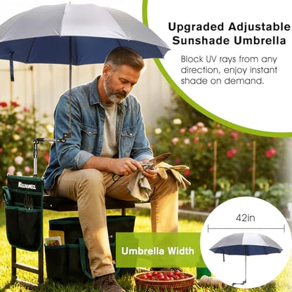 Garden Kneeler and Seat with Umbrella, 2-in-1 Foldable Gardening Stool with Adjustable Bracket, Detachable Tool Bags, Heavy Duty Kneeling Pad for Gardening (Beige Green) - color: Beige & Green