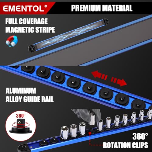 EMENTOL 8-Piece Magnetic Socket Organizer and Screwdriver Organizer Set, 6-Piece Detachable Trays for 1/4", 3/8", 1/2" Sockets & 2-Piece Screwdriver and Wrench Holder, Aluminum Alloy Storage for Tools - size: 8-Piece Set