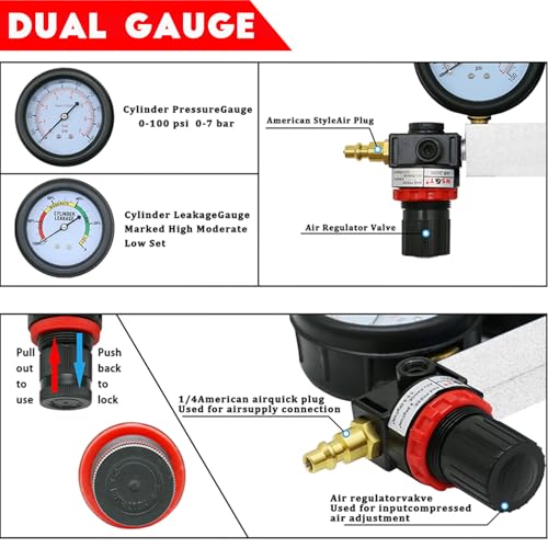 altivox Multi-Function Cylinder Leak Down Tester Automotive Kit Gasoline Engine Compression Tester Dual Gauge Leakdown Detector Tool Set for Pressure Check & Leakage Rate Test with Extension Rod