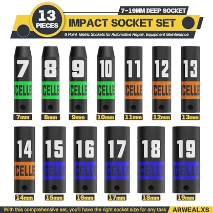 13 Pieces 3/8-Inch Drive Impact Socket Set, 7-19mm Deep Socket, 6 Point Metric Sockets for Automotive Repair, Equipment Maintenance - size: 3/8 Inch Metric Deep