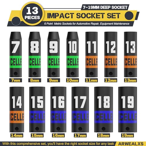 13 Pieces 3/8-Inch Drive Impact Socket Set, 7-19mm Deep Socket, 6 Point Metric Sockets for Automotive Repair, Equipment Maintenance - size: 3/8 Inch Metric Deep