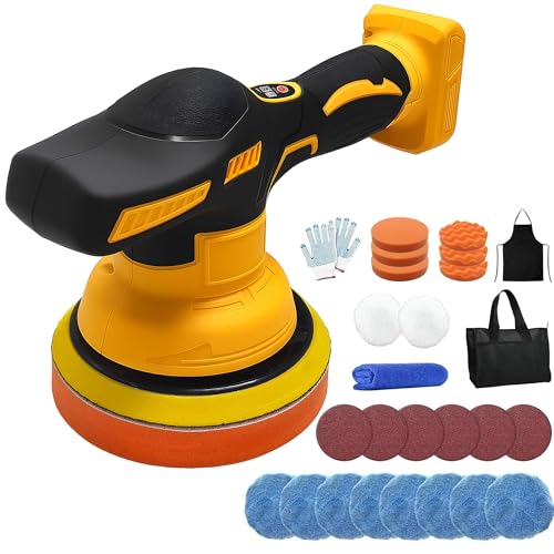 Cordless Buffer Polisher for Dewalt 20V Battery, 6 Inch Car Polisher with 8 Variable Speed, Portable Orbital Buffers and Polishers Kit for Car Detailing, Waxing, Polishing (Battery Not Include) - color: Yellow