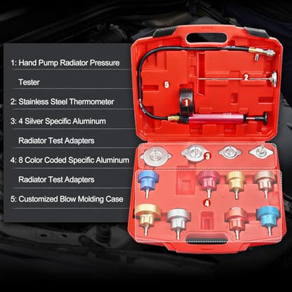 JIFETOR 14PCS Radiator Pressure Tester Tool Kit with Aluminium Pump and Metal Adapters, Red - color: Red Case