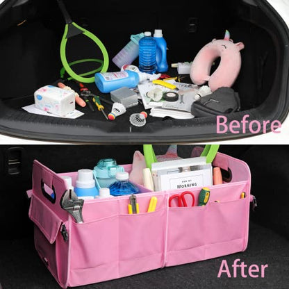 AOKJOY Car Trunk Organizer - Collapsible Multi Compartment Storage with Adjustable Straps for SUV - color: pink