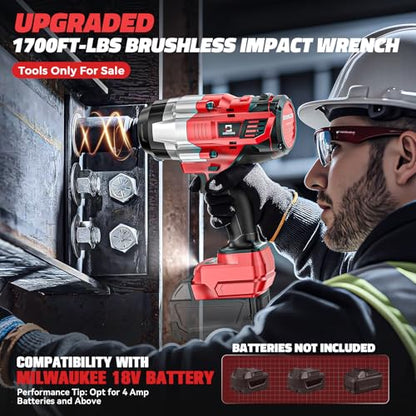 Cerycose Cordless Impact Wrench 1/2 inch Compatible with Milwaukee 18V Battery: 1700FT-LBS High Torque Impact Wrench with 6 Sockets & Case, Brushless Electric Impact Gun with LED Work Light, Bare Tool - size: 1/2inch, style: Fit for Milwaukee（include 6 So