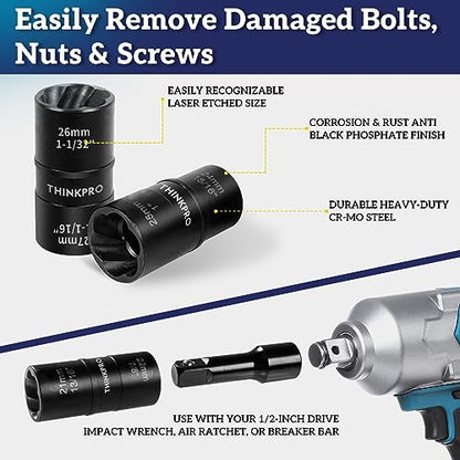 Flip Lug Nut Removal Tool, 5 Piece Wheel Lock Remover Kit | 1/2 Inch Drive Lug Nut Extractor Set, Stripped Lug Nut Remover for Removing Damaged and Stripped Fasteners