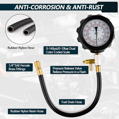 0-140PSI Fuel Pressure Tester Kit, Fuel Injector Injection Pump Pressure Gauge, Fuel Pump Pressure Tester Diagnostic Tool for Gasoline Cars, Trucks, Motorcycles and RVs