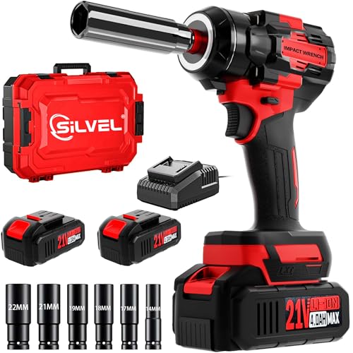 SILVEL Cordless Impact Wrench, MAX 650N.M Brushless Impact Gun 1/2 inch, 2 * 4.0Ah Battery, 6 Sockets, 3300RPM Impact Driver wih Fast Charger - size: 2 Batteries