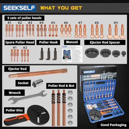 55-in-1 Bearing Puller Kit, Blind Hole Bearing Puller Set, Inner Outer Bearing Separator Tool Internal External Bearing Removal Gear Splitter Pull Tool, Blue Storage Box