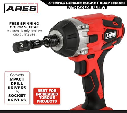 ARES 22011-3-Piece 3-Inch Impact Grade Socket Adapter Set with Color Sleeve - Turns Power Drill into High Speed Nut Driver - 1/4-Inch, 3/8-Inch, and 1/2-Inch Drive - size: 3pc 3" Impact Grade Socket Adapter Set