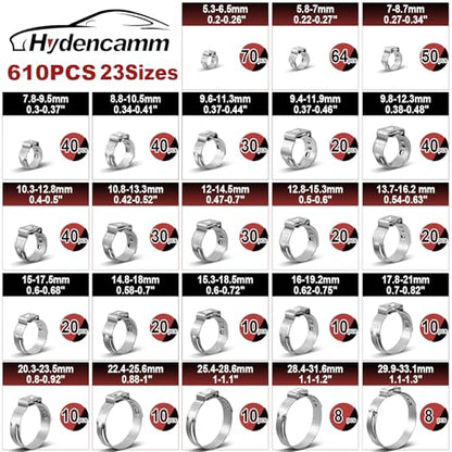 610PCS 23 Sizes Single Ear Hose Clamps, 5.3-33.1mm 304 Stainless Steel Ear Clamps, Stepless Adjustable Cinch Clamps for Automotive, Home Appliance Line and Plumbing - size: 5.3-33.1 mm, style: 610PCS 23SIZE