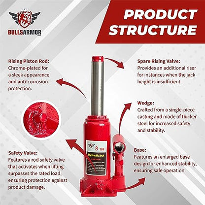 BullsArmor Hydraulic Bottle Jack - 8 Ton (16,000 lb) Capacity - Welded Heavy-Duty Design with Extended Pump Handle - Ideal for Cars, Trucks, RVs, and Industrial Use - Red - size: 8 Ton