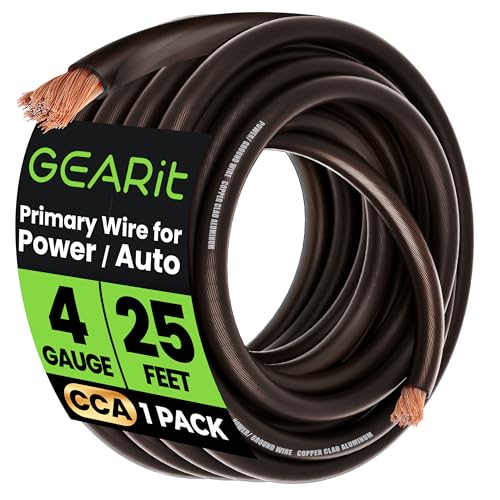 GEARit 4 Gauge Wire (25ft - Black Translucent) Copper Clad Aluminum CCA - Primary Automotive Wire Power/Ground, Battery Cable, Car Audio Speaker, RV Trailer, Amp, Electrical 4ga AWG 25 Feet - color: 4 Gauge Wire, size: Black - 25ft