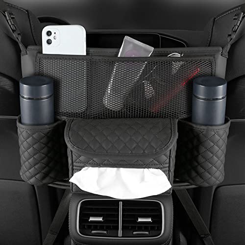 Car Handbag Holder Between Seats with Multi-Pocket Large Capacity Storage Bag, Pet Kids Barrier, Driver Storage Pouch for Handbag Cup - color: Black with Tissue Box