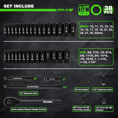 TecoTek 1/2" Drive Deep Impact Socket Set, 38-Piece Socket Set SAE 3/8 to 1-1/4 inch and Metric 10-32mm Size, Includes Extension Bars, Universal Joint, Adapter and Ratchet Handle, 6 Point, Cr-V Steel - size: 1/2" Drive 38pcs Impact Socket Set