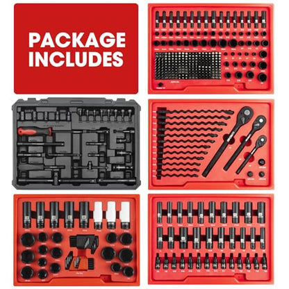 LLNDEI Mechanics Tool Set and Socket Set, 1/4" 3/8" 1/2" Drive Deep and Standard Sockets 12 Point, 390 Pcs SAE and Metric Mechanic Tool Kit with Bits, Combination Wrench