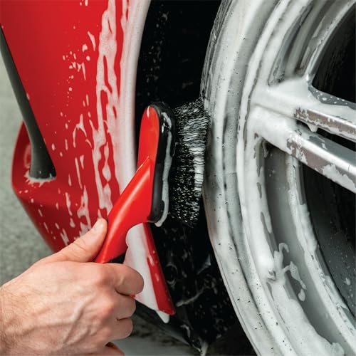 Mothers Tire Brush and Wheel Cleaning Brush for Car Detailing, Stiff Bristles for Tires, Wheels & Rubber Sidewalls, Ergonomic Non-Slip Handle, Car Wash Brush for Auto, Motorcycle, RV & Truck, Red
