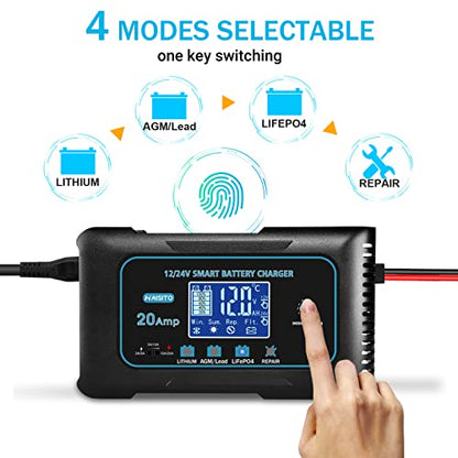 Haisito 20-Amp Smart Battery Charger (12V/24V), [2026 Upgraded] Trickle Charger Maintainer & Desulfator for Car Truck Marine RV - Supports Lithium LiFePO4, AGM, Gel, Lead-Acid