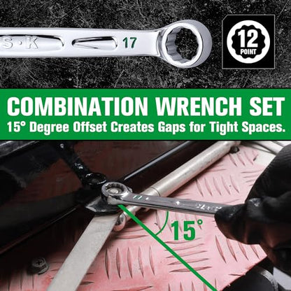 SK Combination Wrench Set, SAE 5/16" to 3/4", Metric 8 to 19mm, 23-Piece, SuperKrome Finish, Premium CR-V Construction, with Rolling Pouch - size: Metric & SAE