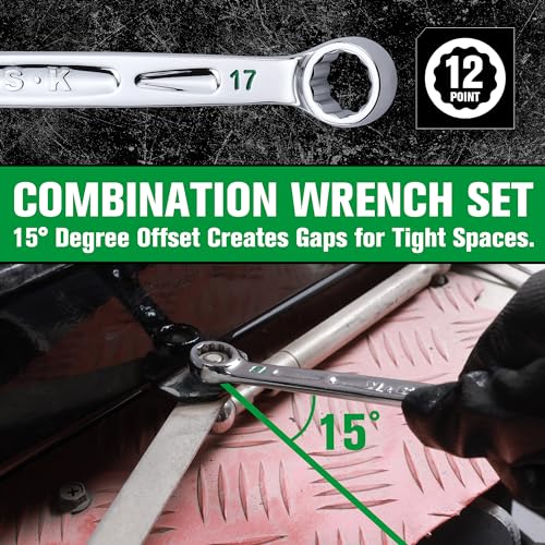 SK Combination Wrench Set, SAE 5/16" to 3/4", Metric 8 to 19mm, 23-Piece, SuperKrome Finish, Premium CR-V Construction, with Rolling Pouch - size: Metric & SAE