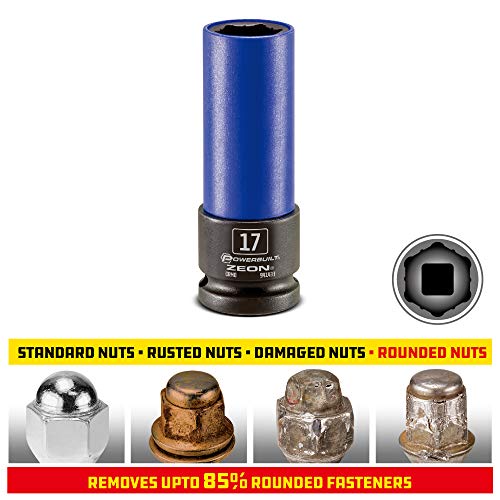 Powerbuilt 17mm Zeon Lug Nut Socket, 1/2" Drive – Impact Rated Chromoly Steel for Damaged & Rounded Lug Nuts, Patented Design Grips up to 85% Rounded, Includes Protective Wheel Saver Sleeve - 941433M - size: 17 mm