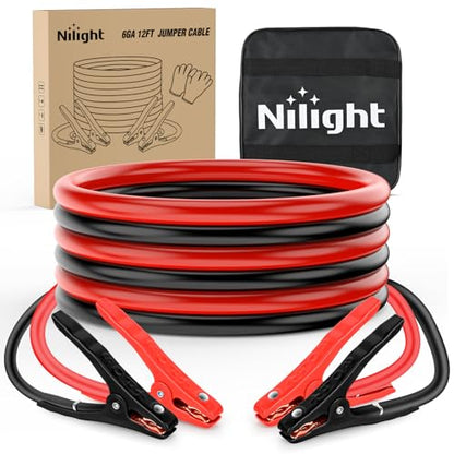Nilight Jumper Cables for Car Battery 6 Gauge 12 FT Booster Cable Heavy Duty 450 A CCA with Carrying Bag Jump Start Emergency Kit Pickup Vans SUV Sedan Motorcycle | Booster Jump Start Cable with Storage Bag for Jump Starting Dead or Weak Batteries for Pic