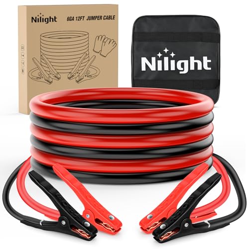 Nilight Jumper Cables for Car Battery 6 Gauge 12 FT Booster Cable Heavy Duty 450 A CCA with Carrying Bag Jump Start Emergency Kit Pickup Vans SUV Sedan Motorcycle | Booster Jump Start Cable with Storage Bag for Jump Starting Dead or Weak Batteries for Pic