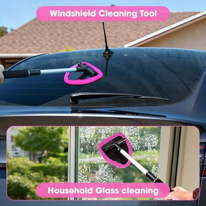 Pink Windshield Cleaner Tool, Car Interior Cleaning Kit with Extendable Handle and 3 Reusable Microfiber Pads, Auto Glass Wiper and Detailing Brush Kit for Car & Home Window - color: Rose Pink