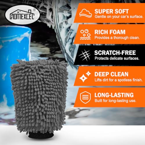 HOMEXCEL Car Wash Mitt, Microfiber Washing Glove, 10.2" x 6.7 ", 2 PK Grey | Microfiber Wash Mitts Scratch-Free & Lint-Free, Rich Foam, Highly Absorbent, Double Sided, for Car Washing and Detailing - color: Grey