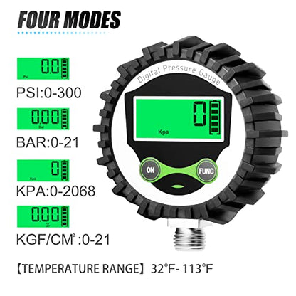 MEANLIN MEASURE 0-300Psi Digital Pressure Gauge with Rubber Cover, Lower Mount, Accuracy 1%, Resolution 0.1psi, with 1/4" x 1/2" and 1/4" x 3/8" NPT Hex Bushing - size: 0 - 300 PSI, style: Lower Mount