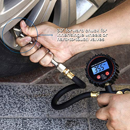 CZC AUTO Digital Tire Inflator Pressure Gauge, LED Display Tyre Deflator Gage with Dual Head Chuck Rubber Hose MNPT Fitting, Compatible with Air Pump Compressor for Truck RV Car Motorcycle Bike Bus