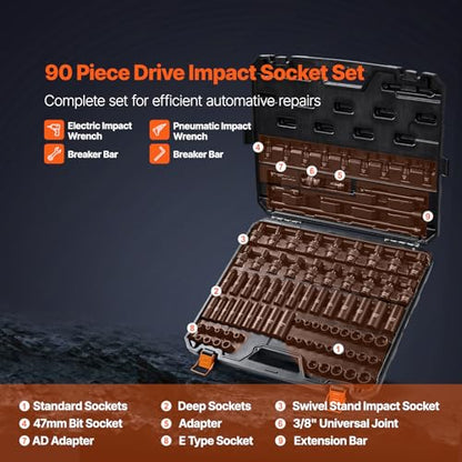 VEVOR Impact Socket Set 3/8" Drive, 90 PCS, CR-MO, SAE 1/4"-3/4" Metric 6-19mm, with Shallow & Deep Sockets, Swivel & E-Torx & Bit socket Sockets, Extension Bars, Adapters, Universal Joint - style: 3/8" 90PCS Swivel CR-MO