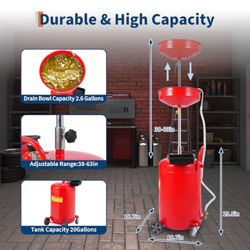 20 Gallon Waste Oil Drain Tank Portable Air Operated Oil Drainer with Adjustable Funnel Height 38-65 Inches 15 Inch Funnel Fluid Fuel Transfer Drain Container with 360 Degree Wheels and Toolbox Red