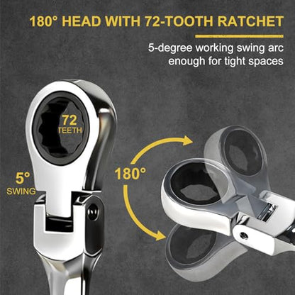 Egofine Flex Head Ratcheting Wrench Set 10 Piece, SAE Wrench Set, CR-V Steel 1/4" to 3/4" Wrench, 72-Teeth Combination wrench set, Chrome plated Ratchet Wrenches Set with Tool Roll Bag - style: SAE-10 piece set