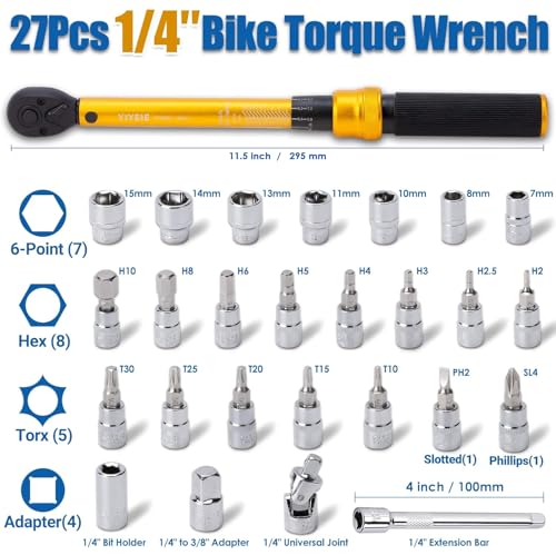 YIYEIE 1/4 Inch Drive Bike Torque Wrench, 1-25 Nm (10-222.5 in.lb), 27 PCS Click Bicycle Torque Wrench with Bit Sockets, 0.1 Nm Micro, 72-Tooth Ratchet, 3/8 Adapter, for MTB, E-Bike, Motorcycle - size: 1/4″ 27PCS