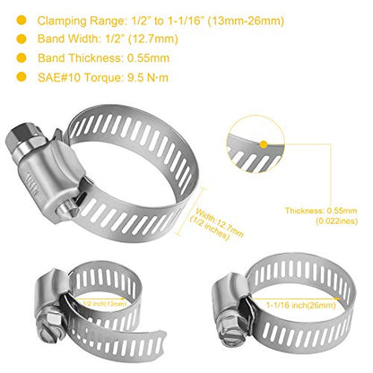 WINL Stainless Steel Hose Clamps - 16 Pack Worm Gear Drive Hose Clamps SAE 10 Clamping Range of 1/2'' to 1-1/16'' (13mm-26mm) for Automotive Plumbing,1/2 Inch, 3/4 Inch,1 Inch Clamps - size: SAE#10 (1/2" ~ 1-1/16")