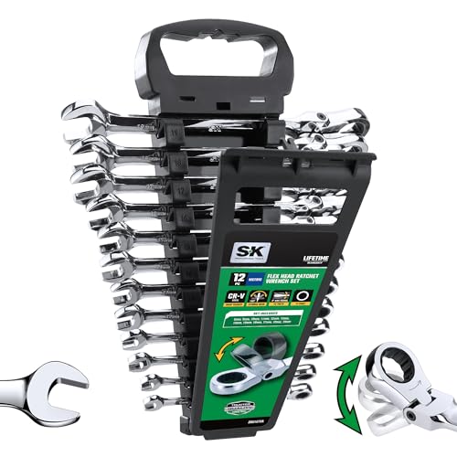SK Flex-Head Ratcheting Wrench Set, Combination Wrench Set, 12-Piece, Metric 8 to 19mm, 72-Tooth, Premium CR-V Construction, with Rack Organizer - size: Metric