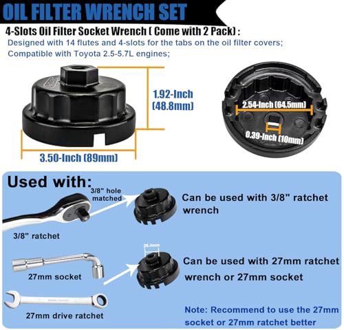 2Pcs Heavy Duty Oil Filter Wrenches for Toyota, Lexus, Camry, Tundra, RAV4, 64.5mm 14 Flute Oil Filter Removal Tool, Oil Filter Socket Tool for 2.5-5.7L Engine