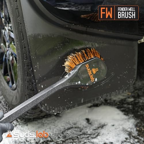 Suds Lab FW Fender Well Brush, Car Wash Brush, Long Handle Tire Cleaner for Car Detailing, 18 Inch, Soft Bristles, Non-Slip Grip, Black